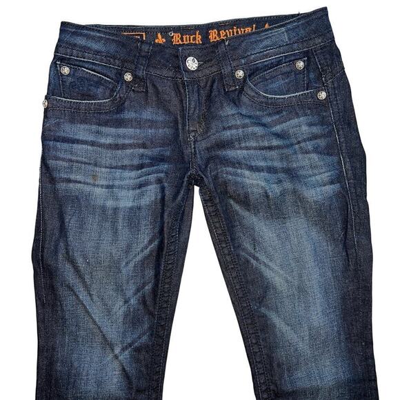 Rock Revival Low Rise Heather Boot Jeans Dark Wash Fleur des Lis Buttons Size 29 - Picture 2 of 13